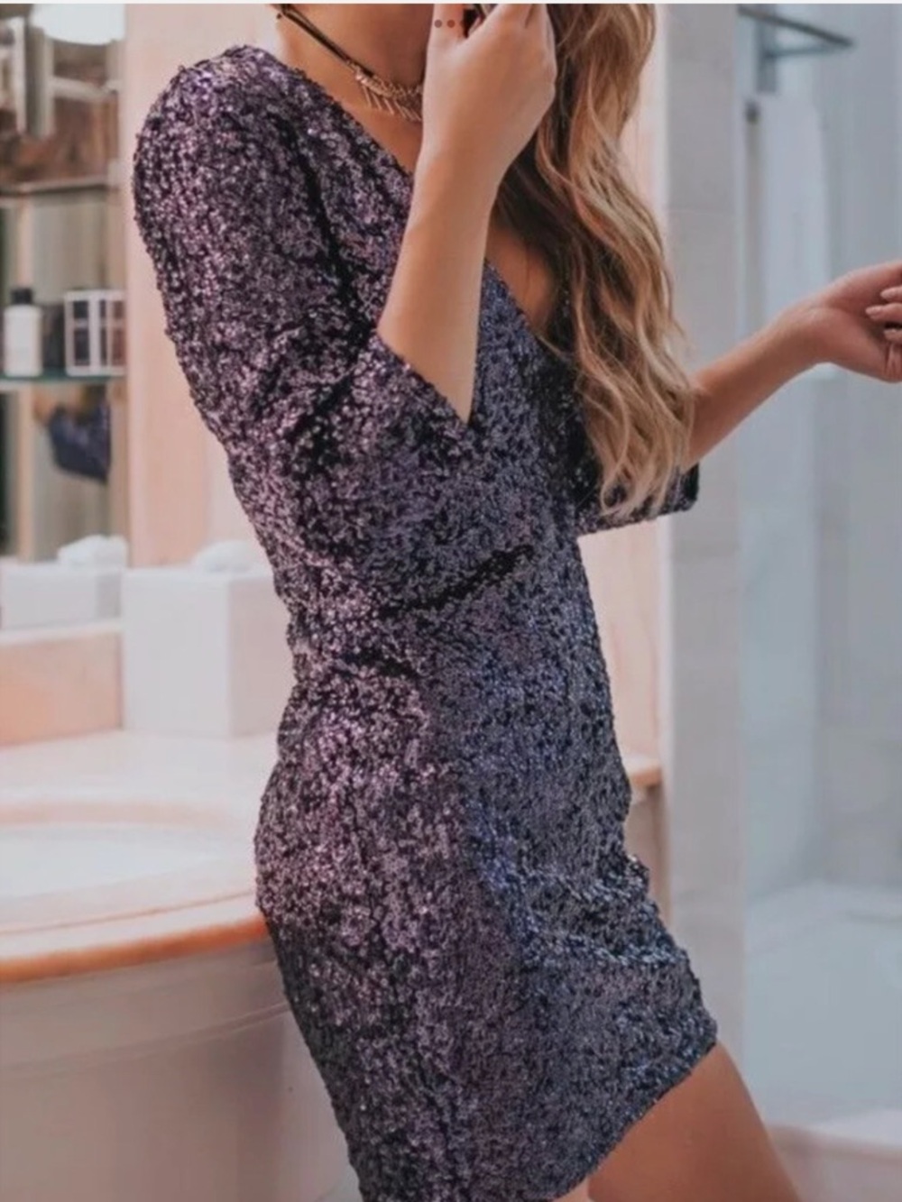 Express Black Sequin Deep V Mini Dress